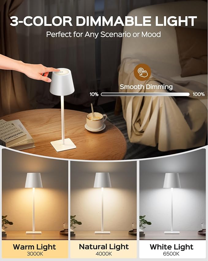 JACKYLED Cordless Lamp DIY Height, 3 Color Stepless Dimming, 5000Capactiy Opwer Operated Lamp Portable Rechargeable for Bedroom Dinning Kitchen, White, 2 Pack