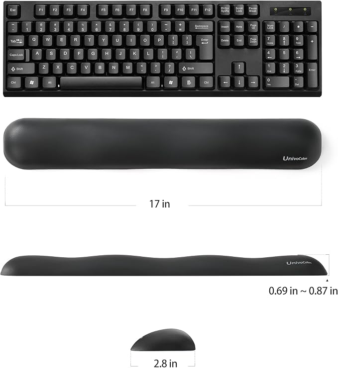 UnivoColors Design-Wave Set of Wrist Rest,Artificial Sheepskin+Memory Foam+Ergonomic+Anti-Slip Gel, Resilience Support During Work and Gaming,Keyboard Accessory,Black