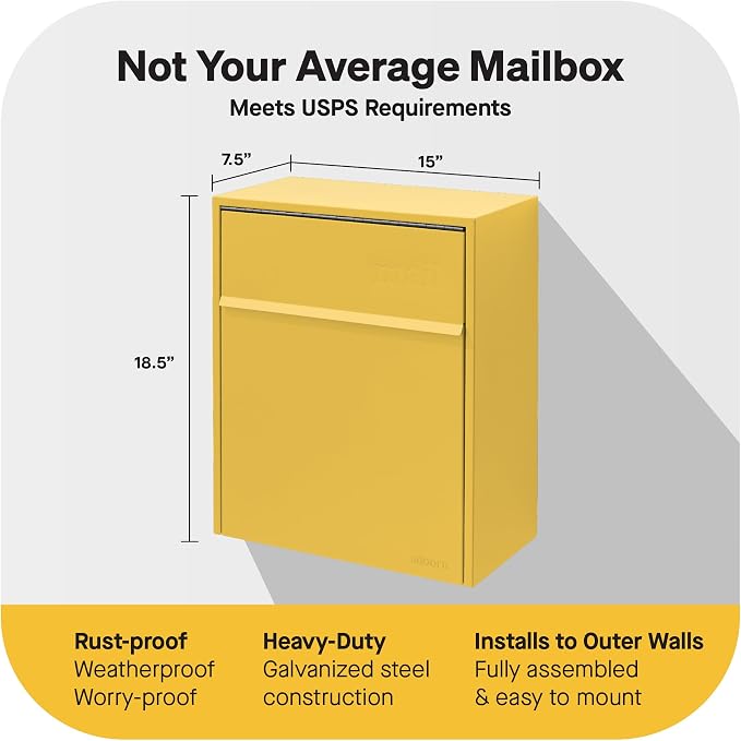Adoorn Lockable Wall Mount Mailboxes for Outside - Large Anti-Theft Locking Mailbox for Letters - Weatherproof Construction - Durable Steel - 18.5" H x 15" L x 7.5" D - Curb Yellow