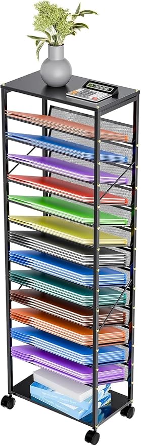 Ekisemio 15 Tier Rolling File Cart, Sturdy and Durable Desk File Organizer with Metal Mesh Letter Tray, Heavy-Duty Rolling Clutter Cart for Office, Home, School, Black