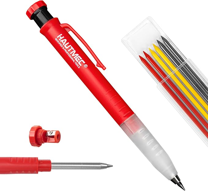 HAUTMEC Construction Pencil, Mechanical Carpenter Pencils with 7 Lead Refills, 2.8mm Heavy Duty Deep Hole Marker with Built-in Sharpener for Woodworking, Contractor & Electrician, HT0293