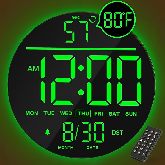 JALL 10" Large Digital Wall Clock with Seconds, Alarm Countdown Timer, Big LED Display, RGB Color, DST, Temperature, Mounted for Bedroom Living Room Office Classroom Gym, Xmas Birthday Gift, Green