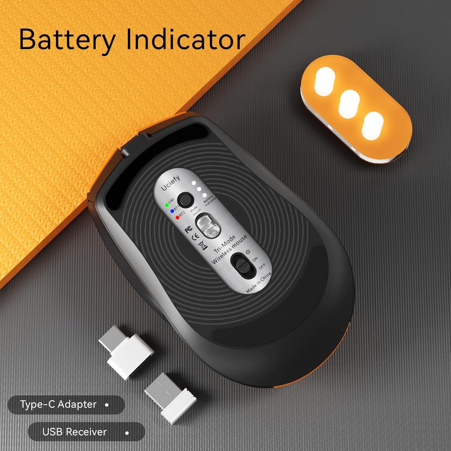 Uciefy Bluetooth Wireless Mouse, (BT5.0/5.1+2.4GHz) USB C Rechargeable LED Mouse Battery Level Visible, Honeycomb Magnetic Shell Cover with USB Receiver & Type-C Adapter for Laptop/PC/Mac/iPad -Orange