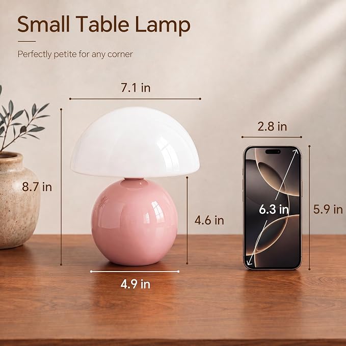 Mushroom Lamp Table Lamp for Bedroom-Small Desk Table Lamps,Pink | 8.7" Mid Century Modern Table Lamps for Living Room Bedroom Decor,Cute Ceramic Lamps for Mushroom Home Room Decor,Glass Shade