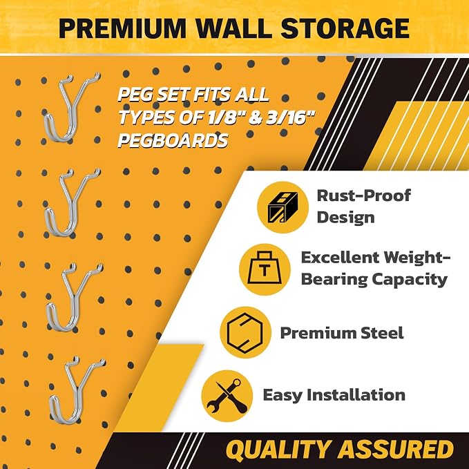 ELEAD 45-Piece Pegboard Hooks J-Hook, Silver J Hooks for Pegboard, Fits 1/8” & 3/16” Pegboards, Heavy Duty Peg Board Hooks for Hanging Keys, Retail Items & Small Tools