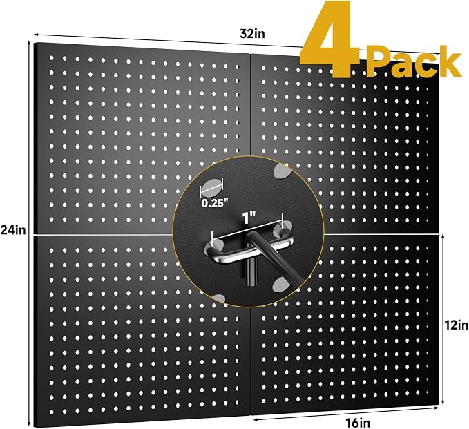 4-Pack Heavy-Duty Metal Pegboard Organizer Kit - 16"x12" Black Steel Wall Control Panels with 8 Hooks for Garage Tools, Craft Rooms, and Home Office Storage
