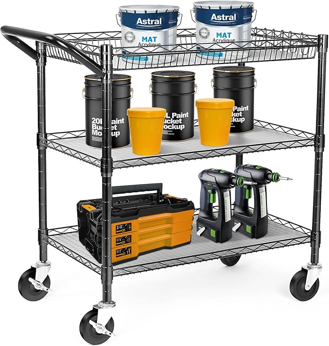 990Lbs Capacity Heavy Duty Rolling Utility Cart, NSF Rolling Carts with Wheels,Commercial Grade Metal Cart with Handle Bar & Shelf Liner,Trolley Serving Cart for Restaurant,Kitchen,Black