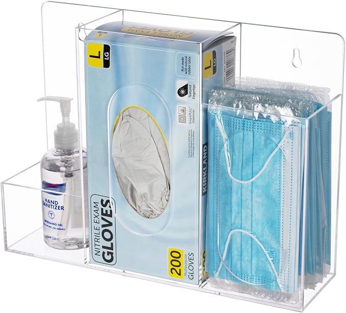Acrylic Hygiene Dispenser Station with 3 Compartments - Triple Sanitation Station Holder Dispenser for Face Masks, Gloves Box, Hand Sanitizer, Hairnets, Tissues- Wall Mount or Tabletop