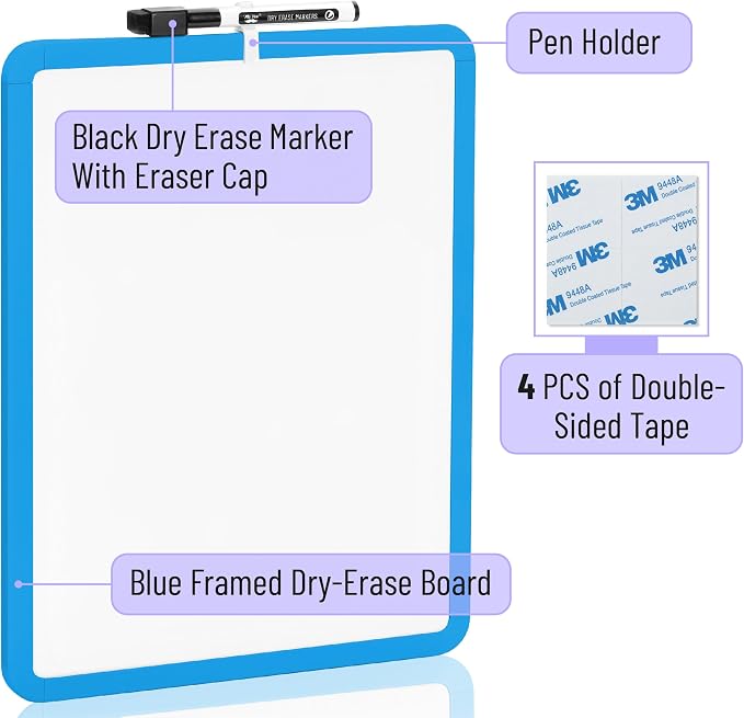 Mr. Pen- Dry Erase Board, 14” x 11” with a Black Dry Erase Marker | Blue Frame, Small Mini White Board for Students, Fridge, Wall, Locker, Includes Double Sided Tapes