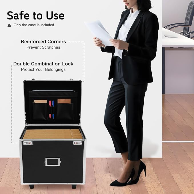 Mobile Business Case,Rolling Business Case,Portable File Storage Box,Black | Locking Hand pull File Case,Dual 3-Digit Password Locks Secure Contents,2 Wheels,31" Telescoping Handle Easy Roll 19x15x16"
