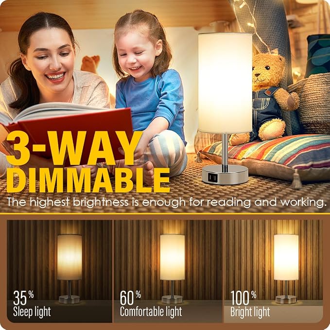 Yarra-Decor Bedside Lamp with USB Port - Touch Control Table Lamp for Bedroom 3 Way Dimmable Nightstand Lamp with Round White Fabric Shade for Living Room, Dorm, Home Office (LED Bulb Included)