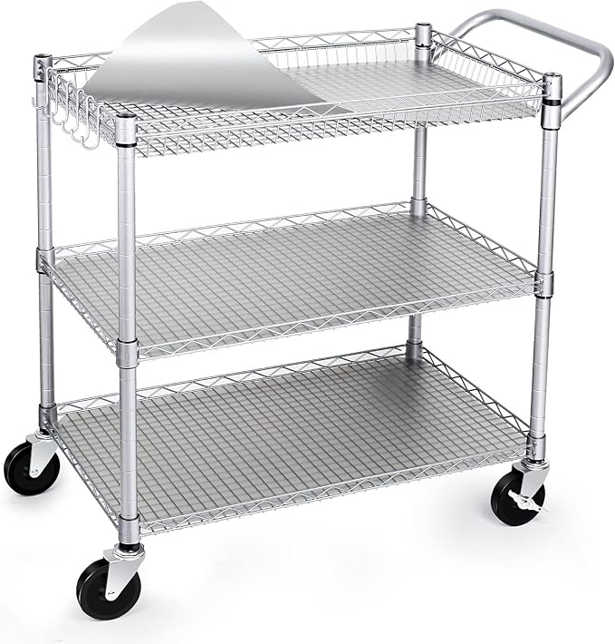 990Lbs Capacity Heavy Duty Rolling Utility Cart, NSF Rolling Carts with Wheels,Commercial Grade Metal Cart with Handle Bar & Shelf Liner,Trolley Serving Cart for Restaurant,Kitchen,Gray