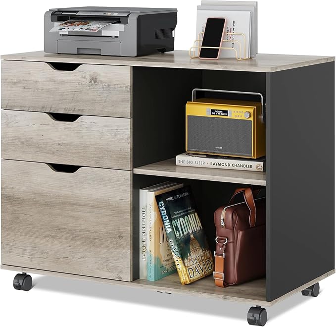 DEVAISE 3-Drawer Wood File Cabinet, Mobile Lateral Filing Cabinet, Printer Stand with Open Storage Shelves for Home Office, Greige | Mobile Printer Stand, Open Storage Shelves, Letter & A4 Compatible, Wood, Home Office