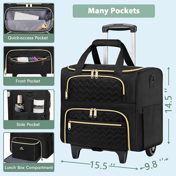 MATEIN Rolling Laptop Bag for Women, 15.6 Inch Teacher Tote Bag with Wheels | Detachable Cart, with Insulated Lunch Box, Computer Bag, Rolling Briefcase for Nurse Work Business Office