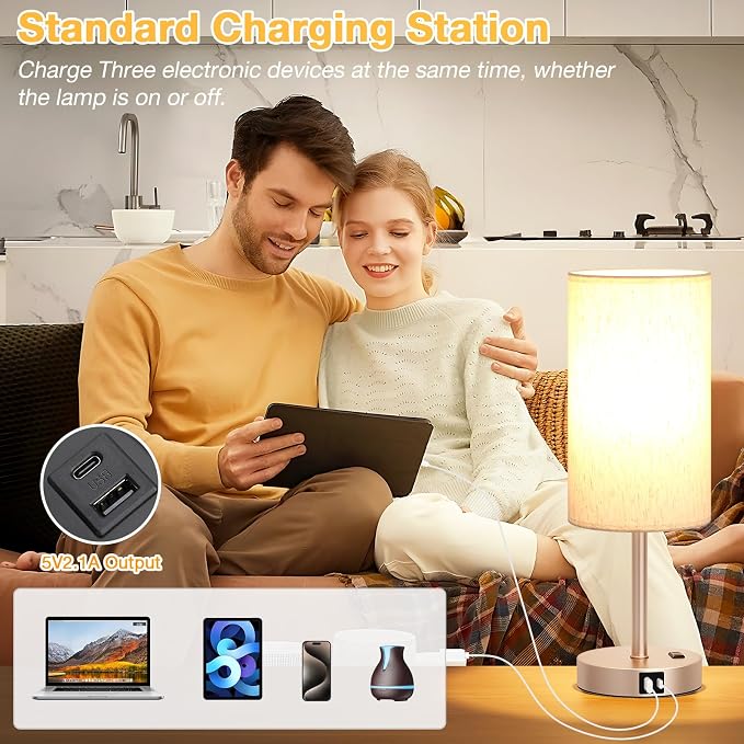 Dicoool 17.4" Bedside Lamp for Bedroom - Dimmable Touch, USB A+C, AC Outlet | LED Bulb Included, 3-Way Dimmable, 17.4" Table Lamp for Living Room, Dorm, Cream Fabric Lampshade, Antique White Metal Base
