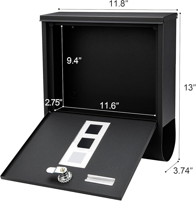 Jssmst Locking Mailbox Wall Mount, Black Mailboxes with Secure Key Lock and Newspaper Compartment, Key Lock Drop Box Large Capacity with Galvanized Cover and Rust-Proof Metal Mailbox, HPB2210 Black