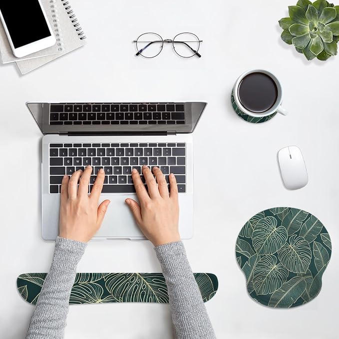 Ergonomic Mouse Pad Set with Wrist Rest, Green Palm Leaves | Tropical Botanical Non-Slip Rubber Base Wrist Cushion Support and Coasters Mousepad with Wrist Support for Computer Keyboard