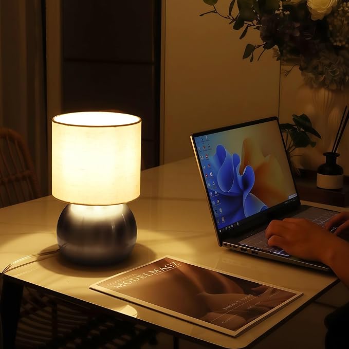 Modern Small Table Lamp Set of 2, Minimalist Nightstand Bedside Lamps with One-Button Inline Switch, 6.2×6.2×10.4 Inch Desk Light for Bedroom, Living Room,Including Light Bulb（Silvery）