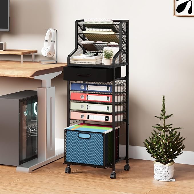SWTYMIKI 10-Tier Rolling File Cart - Mesh Paper Organizer with Drawer and Hanging File Folders on Lockable Wheels, Rolling File Cabinet for Office Organization, Storage in Home, Studio, School, Black