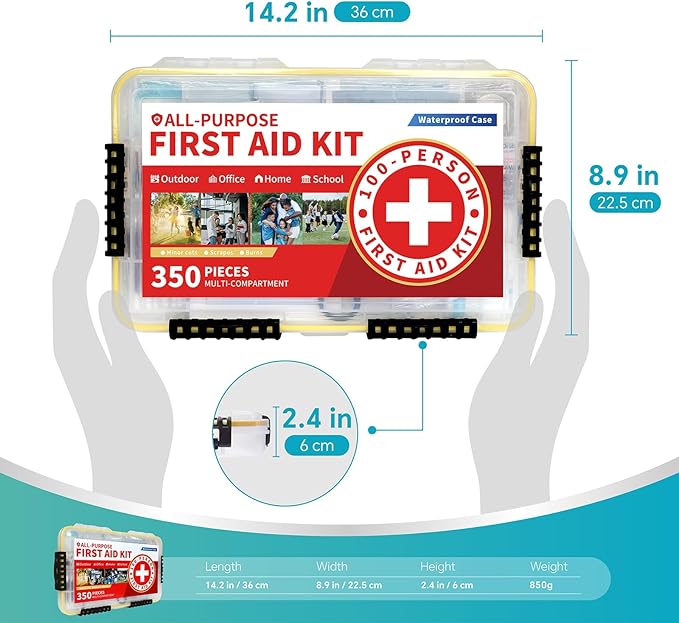 350-Piece All-Purpose 100-Person Emergency First Aid Kit – Waterproof Plastic Case | Clearly Organized for Fast Retrieval | Perfect for Home, Business, Workplace, Boat, Travel, Outdoor & Car