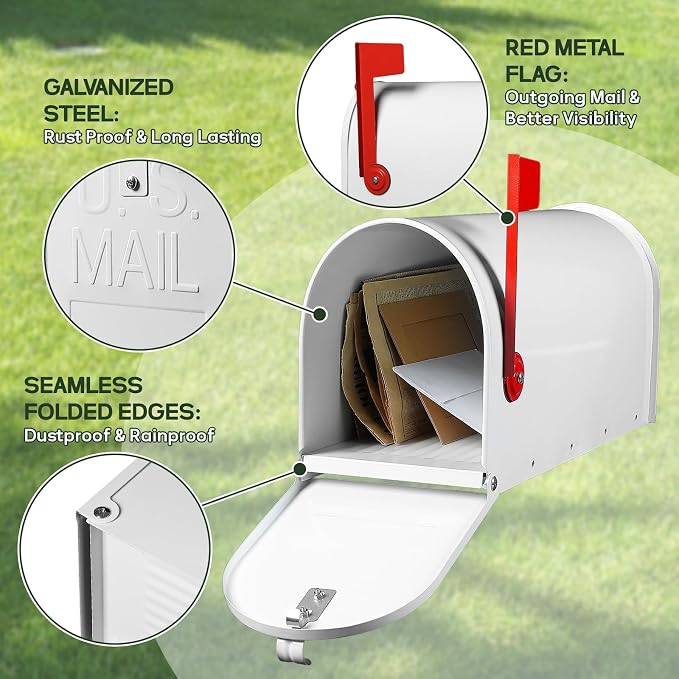 Mail Boxes for House Outside, RAINHOL White Mailboxes for Outside, Galvanized Steel Post-Mount Mailboxes, 19 x 8.7 x 6.7 Inches