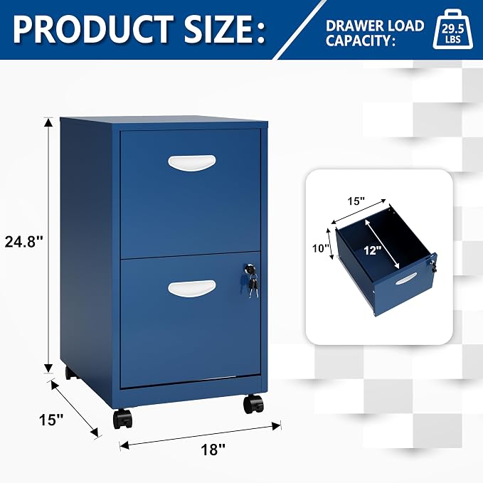 Polup 2 Drawer Rolling File Cabinet with Lock for Home Office | Metal Mobile Filing Cabinet on Wheels, Small Under Desk Storage, Fits Hanging Letter Size, Printer Stand, Blue