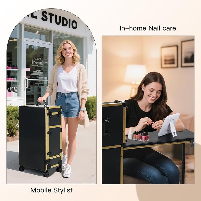 Rolling Portable Manicure Table with 3 Drawers, Lockable Makeup Train Case with Detachable Mirror, Foldable Nail Desk with Wheels & Handle, Mesa de Uñas Profesional para Nail Techs & Salon Use, Gloden