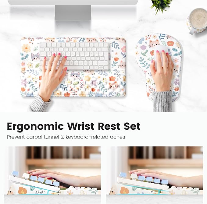 Ospelelf Keyboard Wrist Rest and Mouse Pad Set, Ergonomic Memory Foam Wrist Support, Aesthetic Desk Accessories for Office, Home & Gaming, Relief for Carpal Tunnel & Wrist Pain,Floral Cat