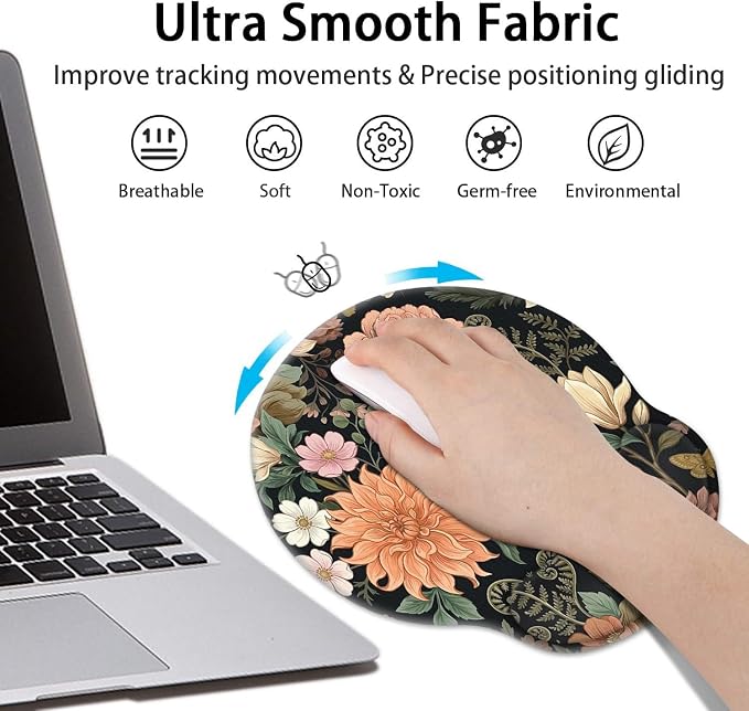 Ergonomic Mouse Pad Set with Wrist Rest, Floral Flower | Leaves Colorful Non-Slip Rubber Base Wrist Cushion Support and Coasters Mousepad with Wrist Support for Computer Keyboard