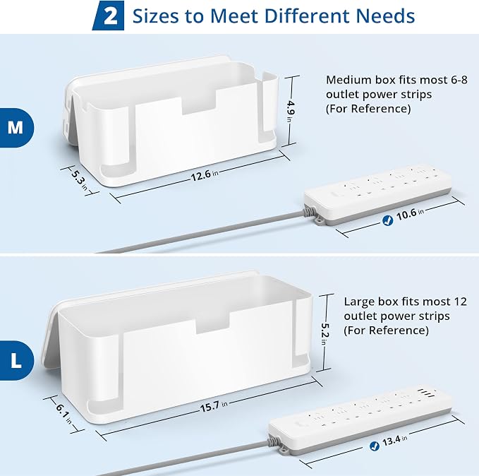 ZhiYo 2 Pack Cable Management Box, Medium & XL, Power Strip Organizer White | Hidden Rear Cable Routing, Durable ABS Construction, Fits Power Strips Up to 13.4", Ideal for Desks, TV Areas & Floor Corners