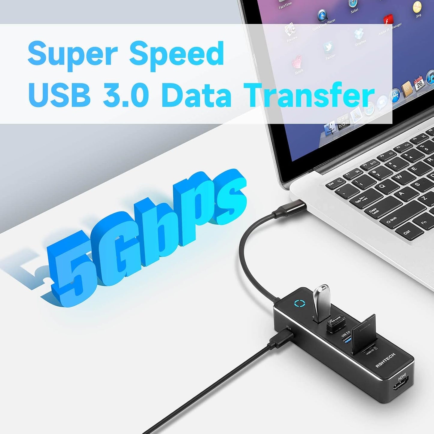 RSHTECH USB C Hub Dongle Adapter with 4K HDMI, 3 USB 3.0 Data Port, 100W Power Delivery, SD/TF Card Reader, Aluminum USB-C/Thunderbolt 3 Hub Dock for PC and Laptop, RSH-T16