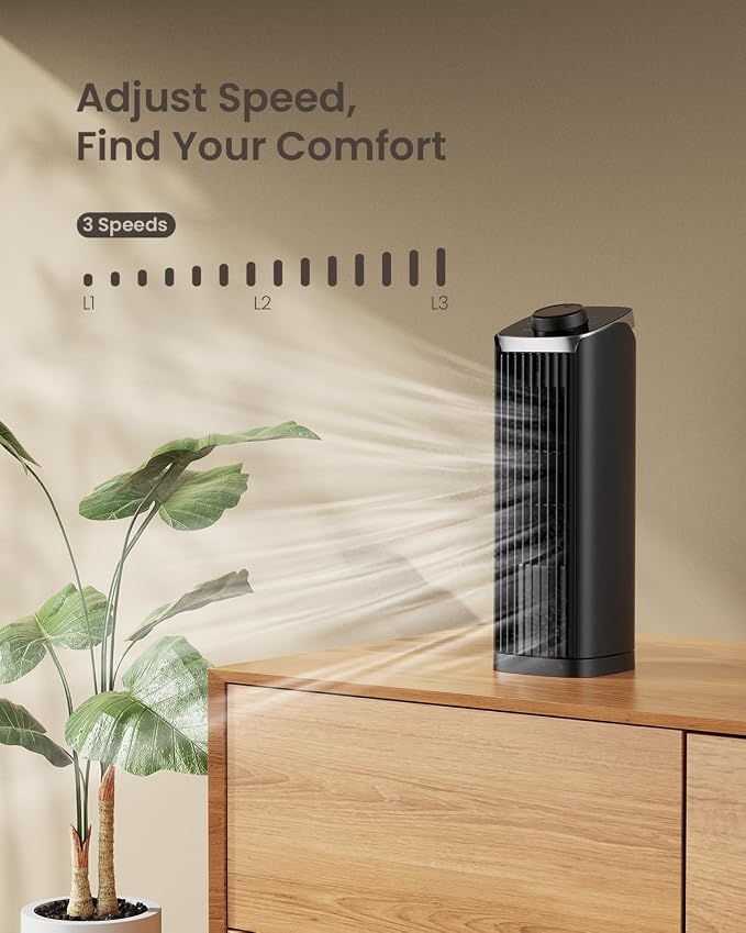 PNTCK Tower Fan for Bedroom, 13.1'' Quiet Desk Fan with 23ft/s, 3 Speeds, 70° Oscillating Fans with Knob Control, Portable Table Fans Bladeless Fan for Indoor Room, Home, Office, Desktop