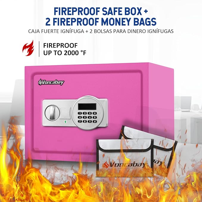 Voncabay Money Safe Box for Home with Digital Keypad, 0.8 Cu. Ft., Pink | Alloy Steel, 2 Fireproof Bags, Digital Keypad with Display, Removable Shelf, Fits A4, 13.8 x 9.85 x 9.85 In.
