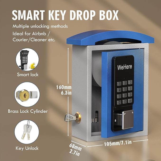 WeHere Key Lock Box Wall Mount with Key Drop Slot, Smart Digital Lockbox, OTP/APP Bluetooth/Wi-Fi/Fixed Code/Key Unlock, Key Safe Security Storage for House Outside, Realty Business, Apartment, Store