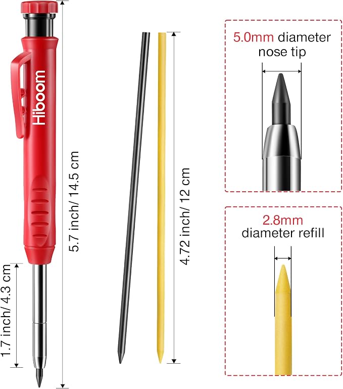 Hiboom Mechanical Carpenter Pencil with 7 Leads, Deep Hole Marker, Red | Built-In Sharpener, Long Nose Construction Pencil, Pocket Clip Design, Woodworking Tools, Marks on Various Surfaces