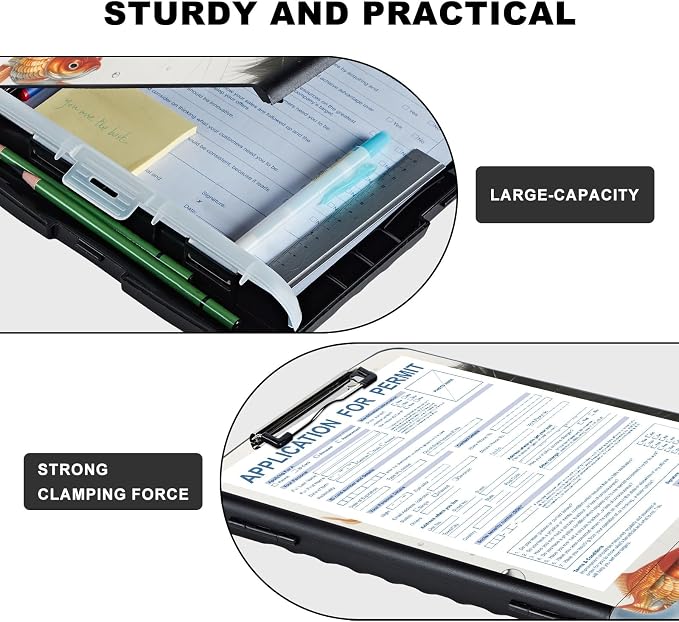 Clipboard with Storage,Storage Clipboard with Pen Holder,Heavy Duty Plastic Storage Clipboard with Low Profile Clip,Teacher Must Haves,Clipboard Folder,Office Supplies,Cat and Beautiful Fish
