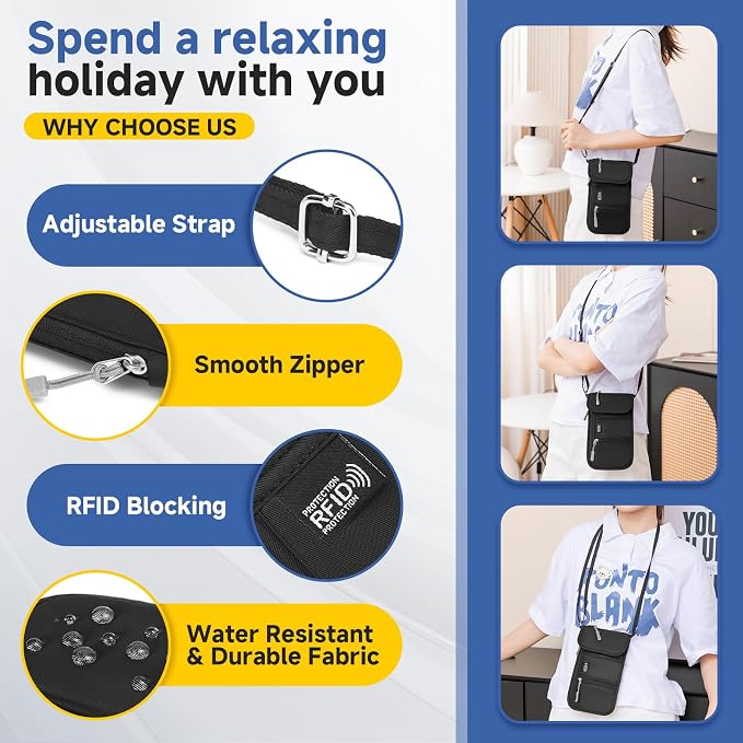 RFID Blocking Passport Holder for Travel with Tracker Case, Neck Wallet with Adjustable Lanyard 6 Compartments Pouches Passport Wallet for Family (Black)