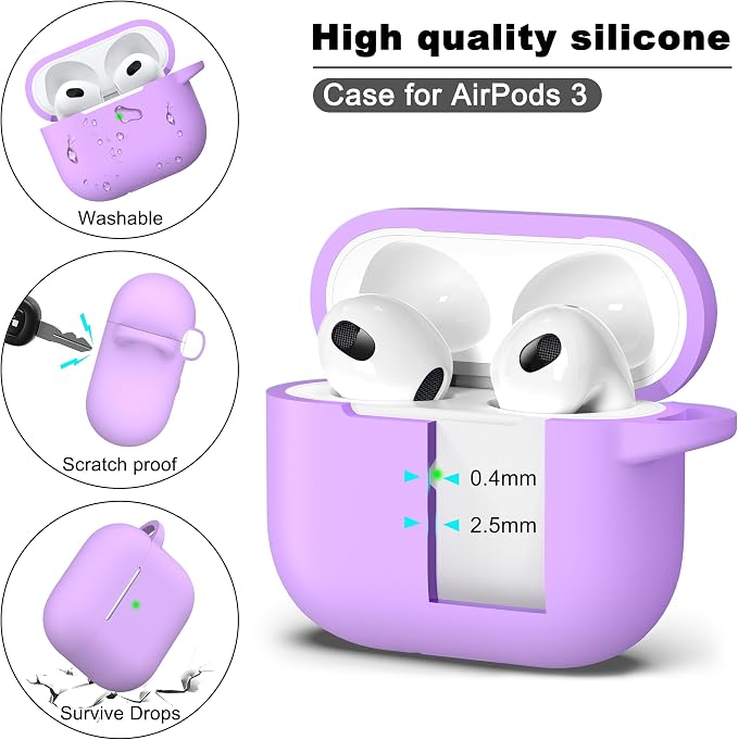 R-fun Compatible with AirPods 3 Case Cover, Silicone Protective Accessories Skin with Keychain Compatible with Apple AirPod 3rd Generation 2021 for Women Men Girls Boys,Front LED Visible,Lavender
