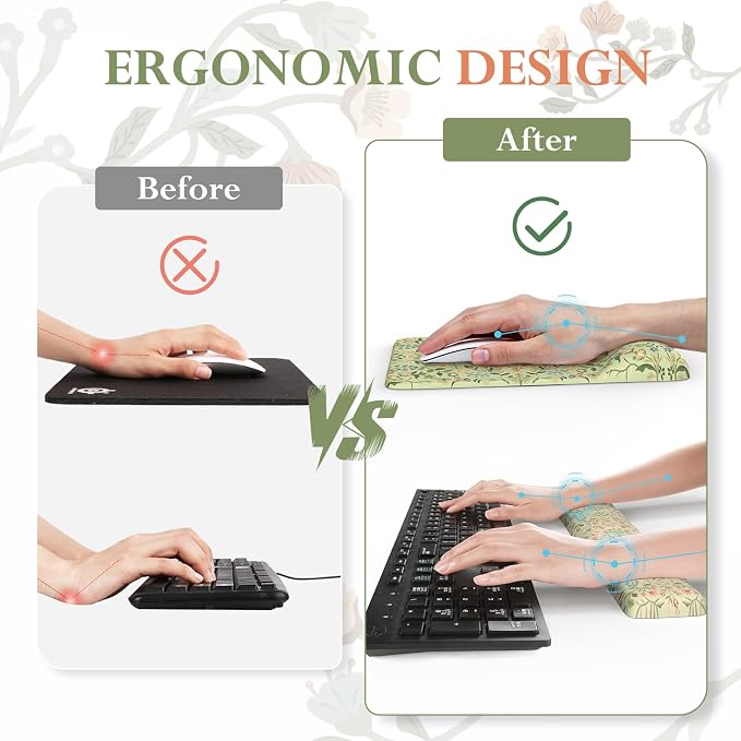 iCasso Mouse Pad with Wrist Rest, Large Desk Mat Set, Bean Green | Ergonomic Keyboard Pad with Wrist Support, Non-Slip Mouse Mat for Women, Cute Floral Computer Mat for Home Office Gaming
