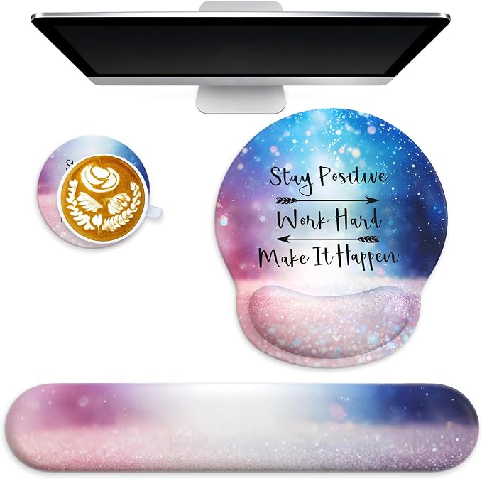 3 in 1 Ergonomic Mouse Pad and Keyboard Wrist Rest with Coaster Set-Glitter | Cute Large Mousepad with Gel Wrist Support for Gaming Computer Laptop Women Office Home Desk Decor