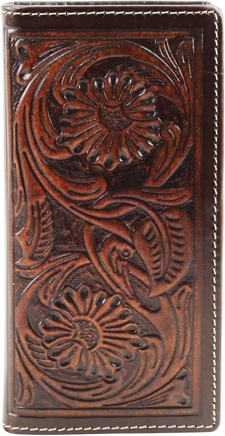 American Bison Arrigo Floral Design RFID Rodeo Wallet for Men – Hand-Tooled Cowhide Leather Wallet with Gift Box (Dark Brown)