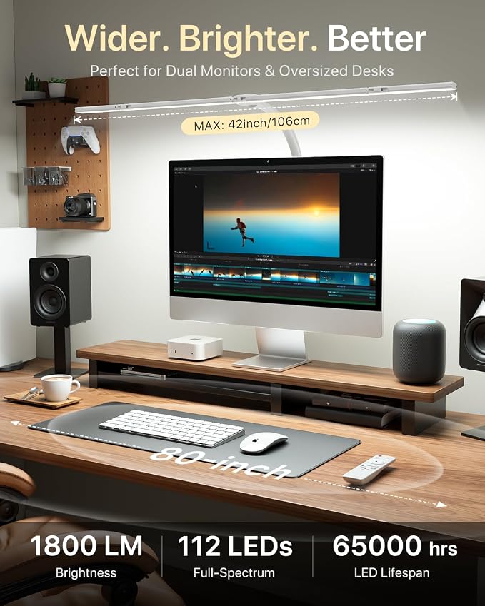 ONEMIX LED Desk Lamp with Clamp, 42-Inch 4-Panel Light for Dual Monitors | 1800 Lumens, 4 Adjustable Panels, 5 Color Temps, 5 Brightness Levels, Remote, Timer, Flicker-Free for Home Office