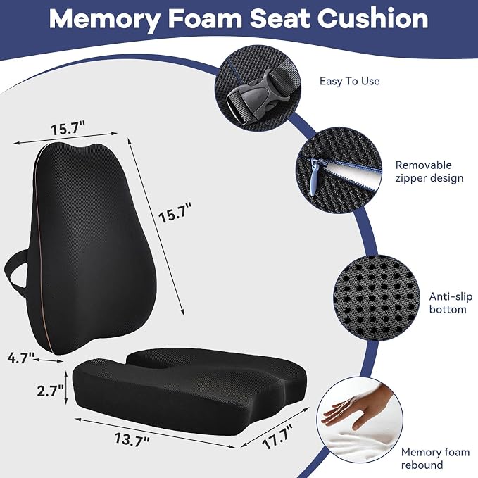 Car Seat Cushion with Lumbar Support, Memory Foam for Long Driving | 3D breathable mesh, 60D memory foam, non-slip base and adjustable strap; for cars, trucks, office and gaming chairs, black