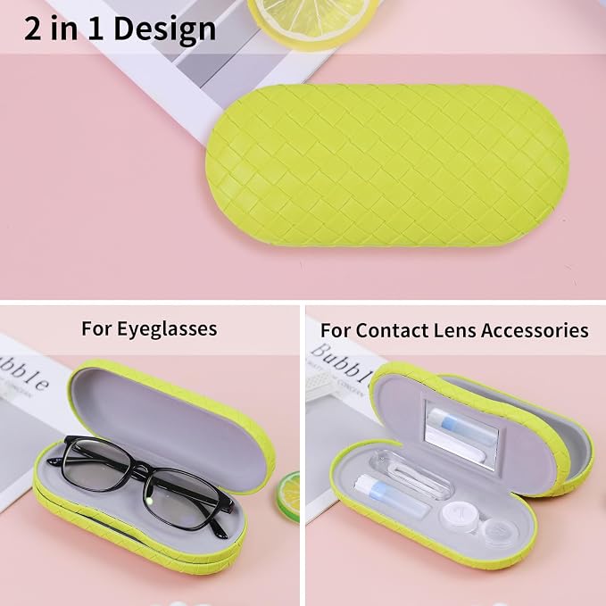 2 in 1 Contact Lens Case and Eyeglasses Case for Women Men Kids, Double Sided Hard Shell Portable Glasses Travel Holder with Built-in Mirror, Contact Lens Box Storage Kit, Lime