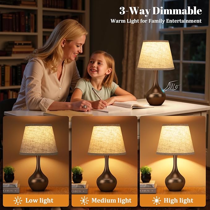 16.1" Touch Table Lamp for Nightstand, 3 Way Dimmable Small Bedroom Lamp | Touch Control, Set of 2, Bulb Included, Brown Bedside Lamps for Desk, Night Stands, Living Room, End Table, Corded