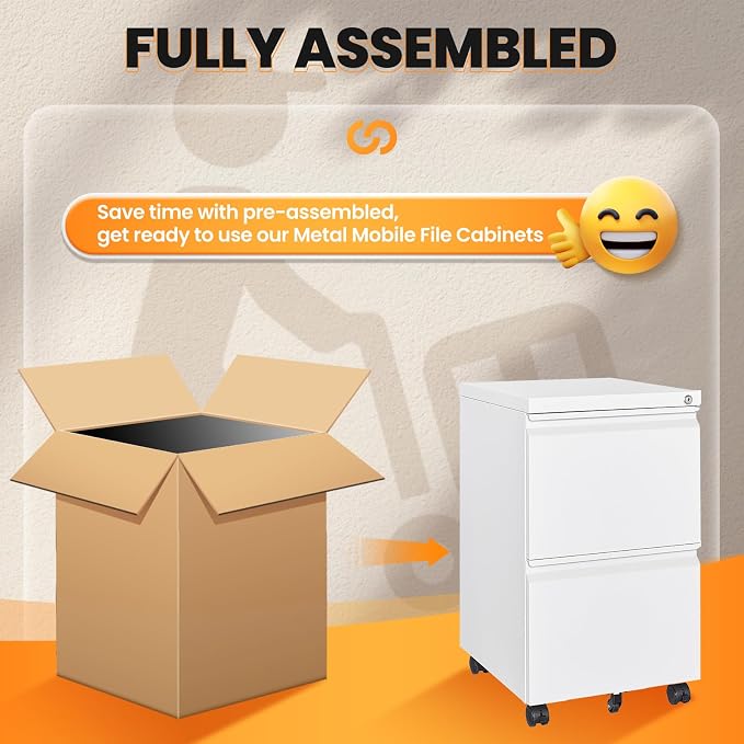 2 Drawer Mobile File Cabinet, Fully Assembled File Cabinets with Lock, Metal Rolling Filing Caninet on Wheels, Small Two Drawer Under Desk Cabnet for Letter/Legal / A4 / File Box - White