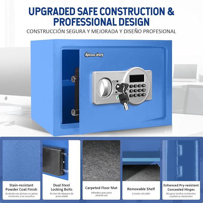 Voncabay Money Safe Box for Home with Digital Keypad, 0.8 Cu. Ft., Blue | Alloy Steel, 2 Fireproof Bags, Digital Keypad with Display, Removable Shelf, Fits A4, 13.8 x 9.85 x 9.85 In.