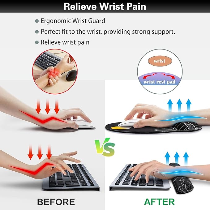 Mouse Pad Black, Ergonomic Keyboard Wrist Rest, Mouse Pad with Wrist Rest | Gaming Mousepad with Wrist Support, Memory Foam Wrist Rest Set for Computer Keyboard, Office Desk Accessories