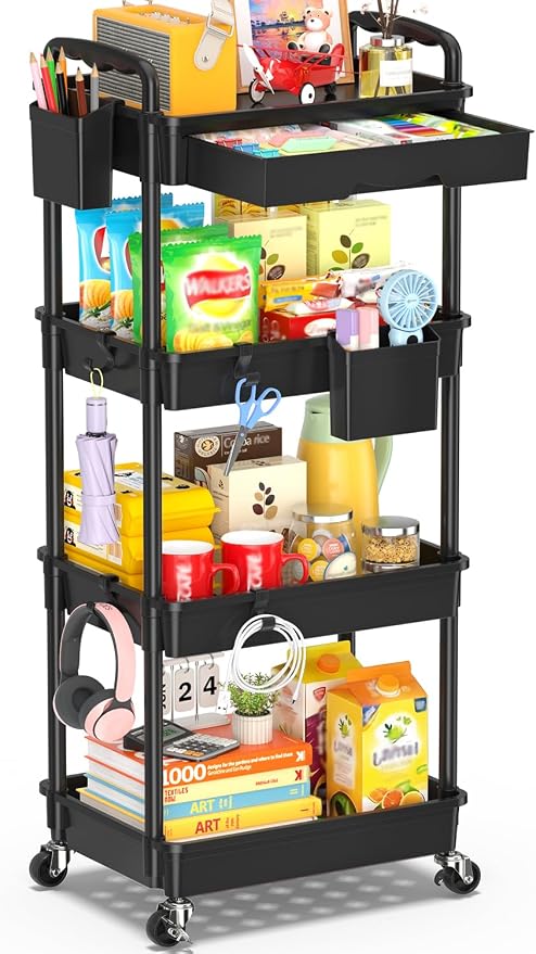 SUNALLY 4 Tier Rolling Cart with Drawer, Craft Storage Cart Organizer,Black | Bathroom Storage Organizer with 2 Lockable Wheels, Rolling Utility Cart for Kitchen, Office, Baby, Makeup, Nail,Snack,Laundry