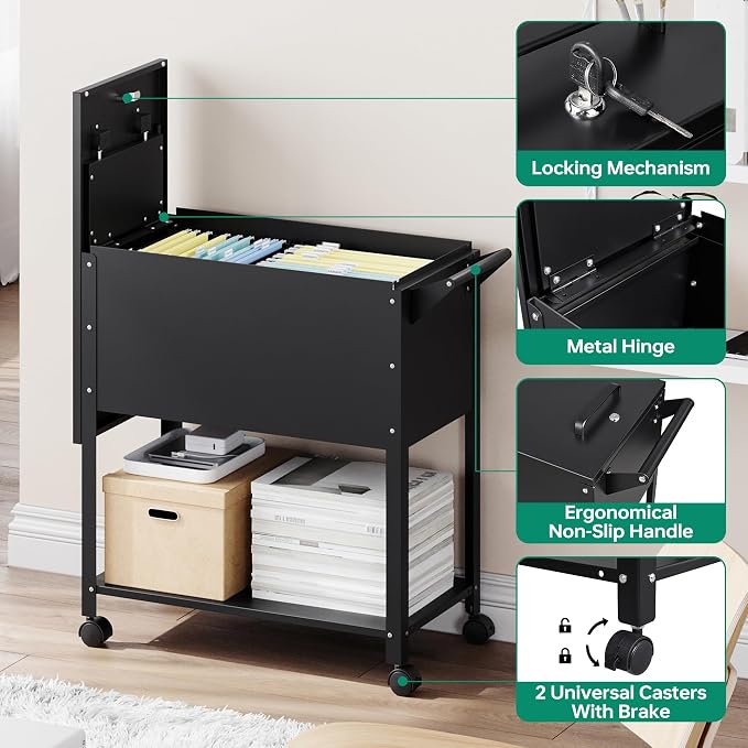 Mobile File Cabinet with Lock-Rolling Filing Cart with Wheels-Hanging Letter/A4/F4/Legal Size Movable Pull-Out File Folder for Home Office-Black
